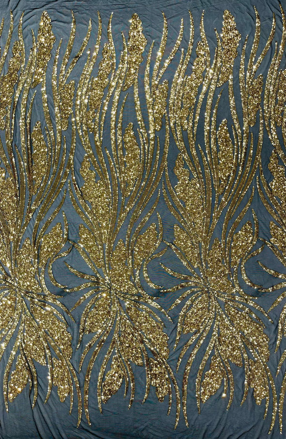 Feather damask shiny sequin design on a 4 way stretch mesh Fabric-prom-Sold by the yard