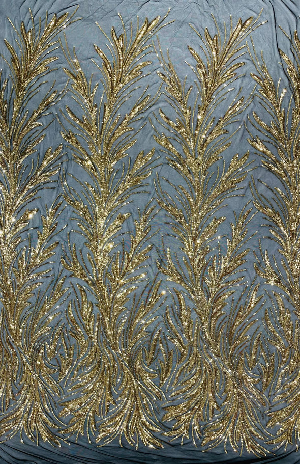 Feather damask shiny sequin design on a 4 way stretch mesh Fabric-prom-Sold by the yard