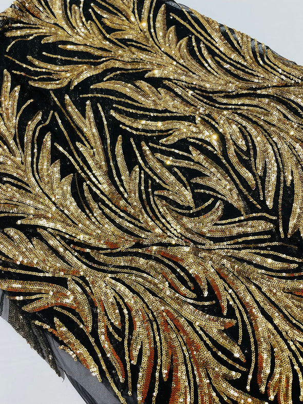 Gold On Black  Feather damask shiny sequin design on a 4 way stretch mesh Fabric-prom-Sold by the yard