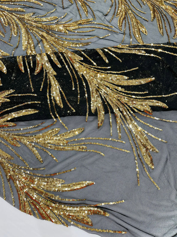 Gold On Black  Feather damask shiny sequin design on a 4 way stretch mesh Fabric-prom-Sold by the yard