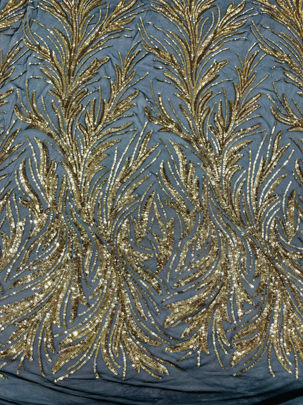 Gold On Black  Feather damask shiny sequin design on a 4 way stretch mesh Fabric-prom-Sold by the yard