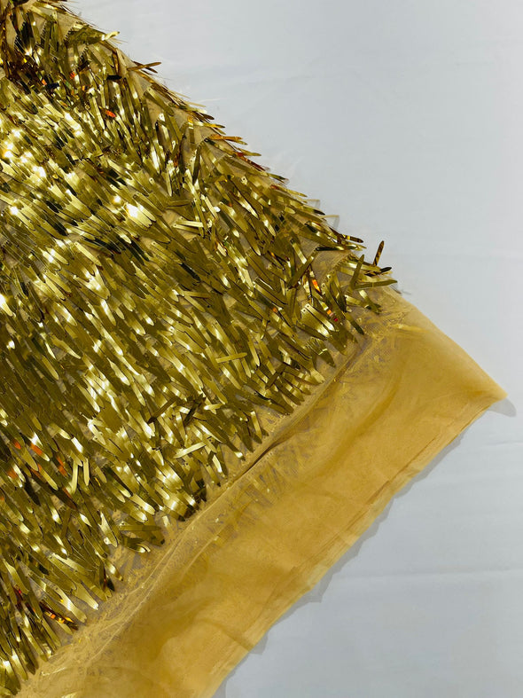 Gold Sword Sequins Fabric/Big Sequins Fabric On Gold Mesh/54 Inches Wide.