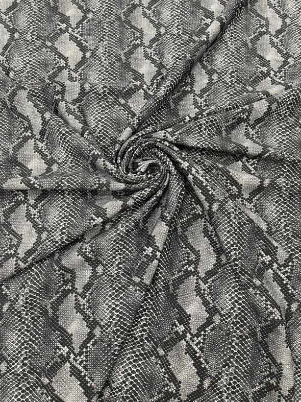 Gray Black Python Snake Print on a 4 way Stretch Nylon Spandex/58” wide/- Sold by the yard.