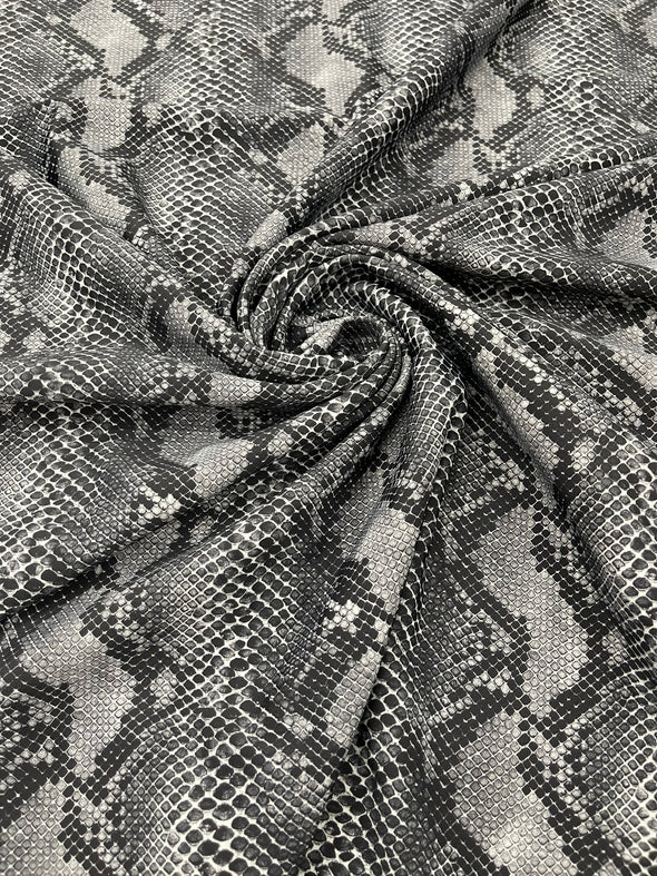 Gray Black Python Snake Print on a 4 way Stretch Nylon Spandex/58” wide/- Sold by the yard.