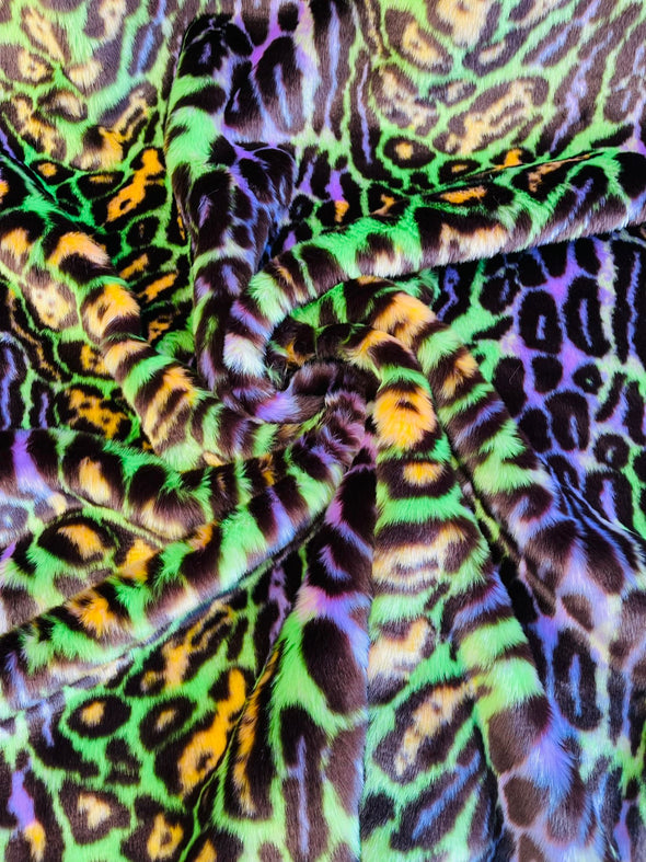 Green Orange Violet Leopard Tie Dyed Faux Fur, Black Light Reflective