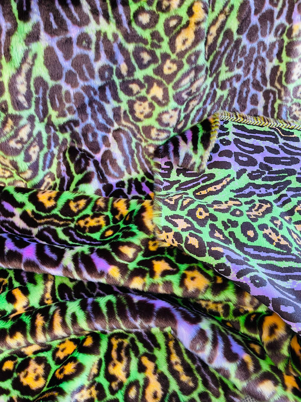 Green Orange Violet Leopard Tie Dyed Faux Fur, Black Light Reflective