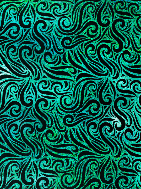 Holographic Foil Tribal Flame Design On A Stretch Velvet Fabric. By The Yard