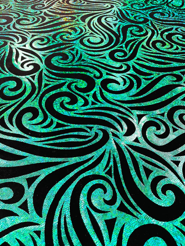 Holographic Foil Tribal Flame Design On A Stretch Velvet Fabric. By The Yard