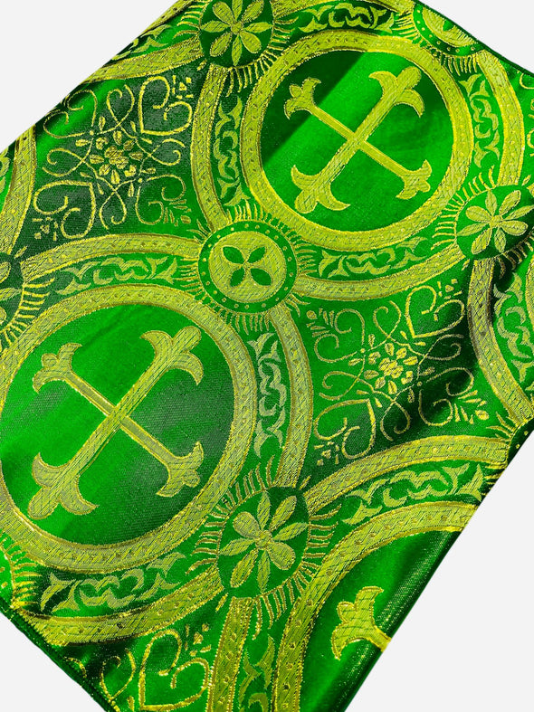 Green Gold Religious Brocade Runner Tablecloth | Liturgical Fabric | Runner Ecclesiastical Jacquard | Church | Vestment-Cross Brocade.