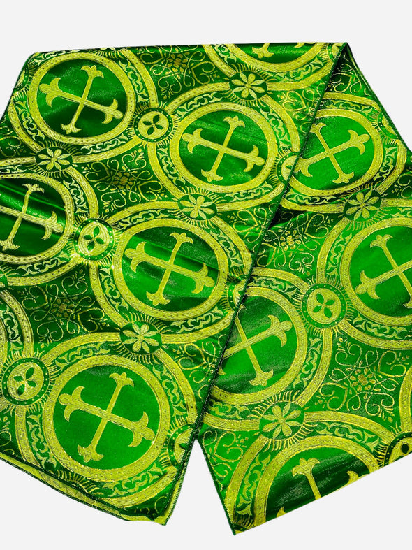 Green Gold Religious Brocade Runner Tablecloth | Liturgical Fabric | Runner Ecclesiastical Jacquard | Church | Vestment-Cross Brocade.