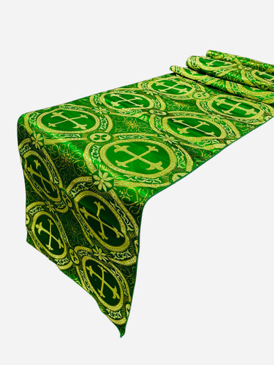 Green Gold Religious Brocade Runner Tablecloth | Liturgical Fabric | Runner Ecclesiastical Jacquard | Church | Vestment-Cross Brocade.