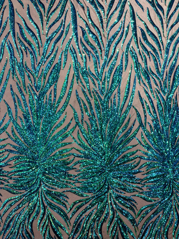 Green Iridescent Phoenix Feather Design with Sequins Embroider on a Black 4 way Stretch Mesh Fabric- Sold by the yard.