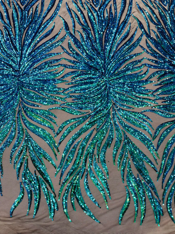 Green Iridescent Phoenix Feather Design with Sequins Embroider on a Black 4 way Stretch Mesh Fabric- Sold by the yard.