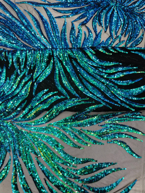 Green Iridescent Phoenix Feather Design with Sequins Embroider on a Black 4 way Stretch Mesh Fabric- Sold by the yard.