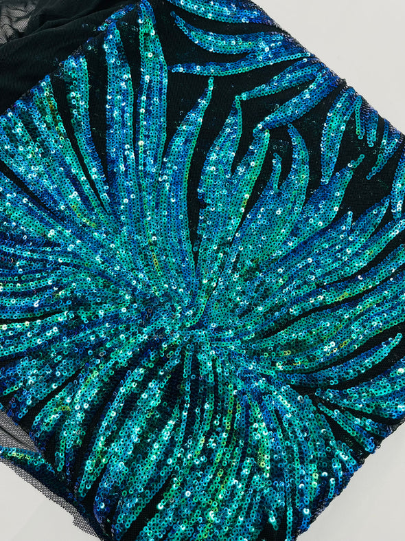 Green Iridescent Phoenix Feather Design with Sequins Embroider on a Black 4 way Stretch Mesh Fabric- Sold by the yard.