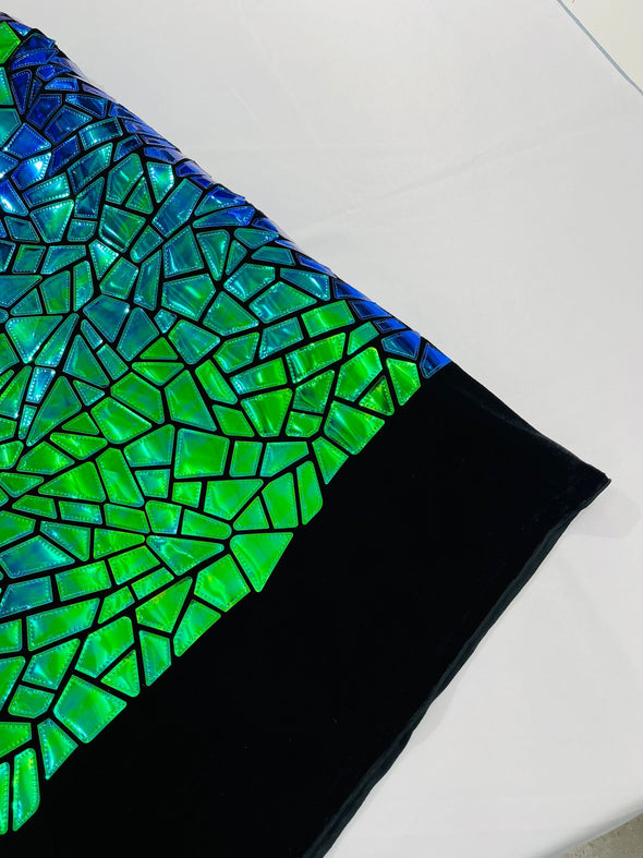 Green Iridescent  Holographic Shiny Broken Glass Sequin Design/Geometric/ On Black Stretch Velvet Fabric Sold By The Yard