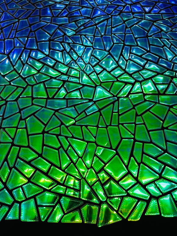 Green Iridescent  Holographic Shiny Broken Glass Sequin Design/Geometric/ On Black Stretch Velvet Fabric Sold By The Yard