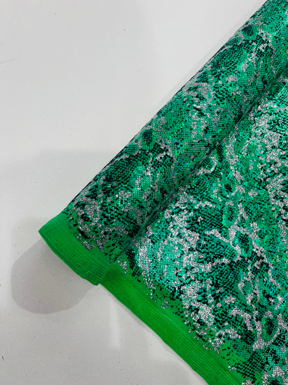 Green Shattered Glass Snake Design Nylon Spandex Fabric, 4-Way Stretch, Medium Weight, Sold by The Yard