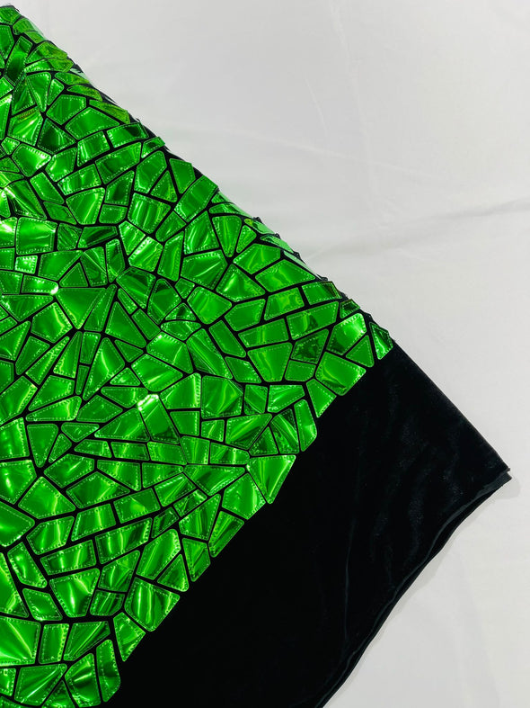 Green Holographic Shiny Broken Glass Sequin Design/Geometric/ On Black Stretch Velvet Fabric Sold By The Yard