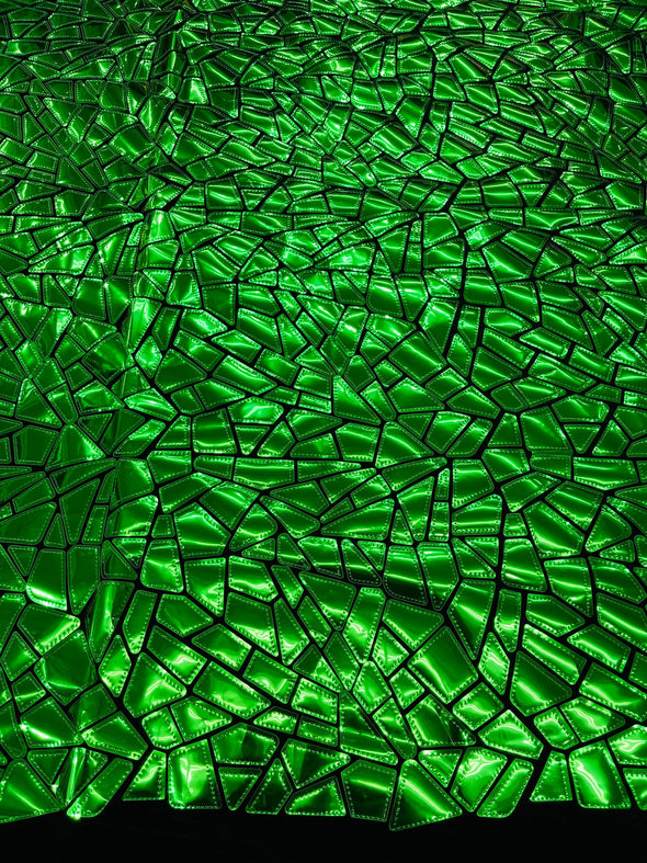Green Holographic Shiny Broken Glass Sequin Design/Geometric/ On Black Stretch Velvet Fabric Sold By The Yard