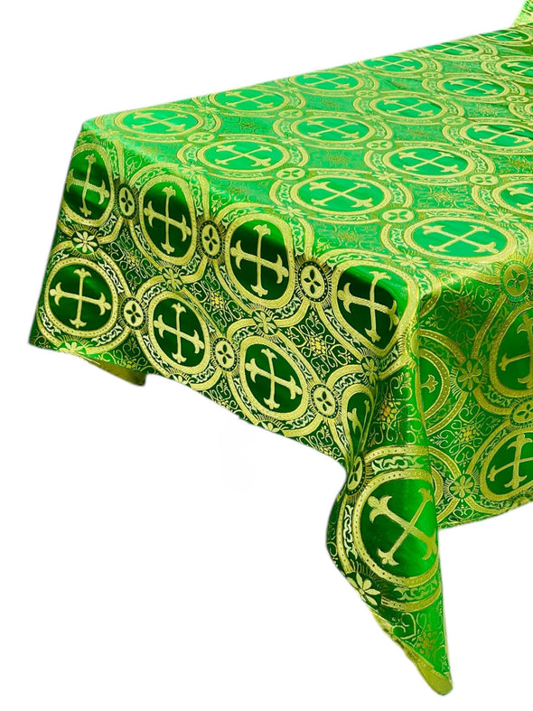 Green Rectangular Metallic Cross Brocade Jacquard Satin Table Overlay/Religious Brocade/Liturgical Fabric/Church.