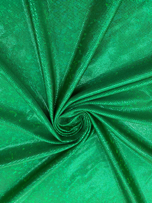 Green Shattered Glass Foil Hologram/58” Wide/4 Way Stretch Spandex Nylon Tricot. Sold by the yard.