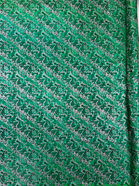 Green Shattered Glass Snake Design Nylon Spandex Fabric, 4-Way Stretch, Medium Weight, Sold by The Yard