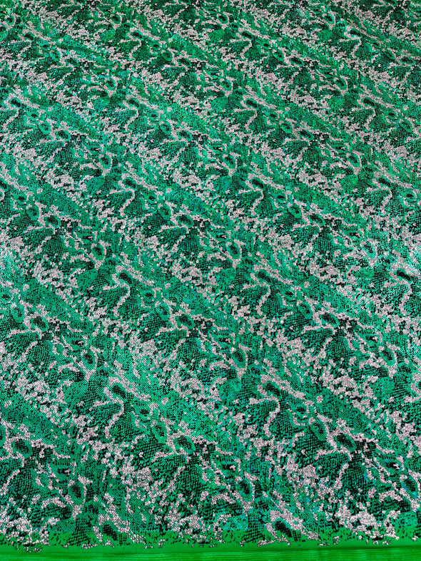 Green Shattered Glass Snake Design Nylon Spandex Fabric, 4-Way Stretch, Medium Weight, Sold by The Yard