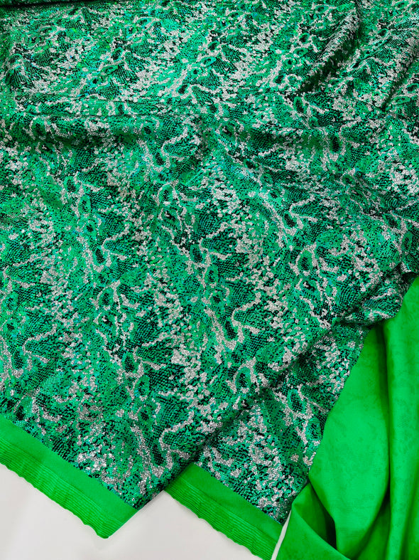 Green Shattered Glass Snake Design Nylon Spandex Fabric, 4-Way Stretch, Medium Weight, Sold by The Yard