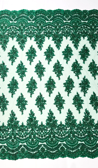 Hunter Green Erin Diamond Beaded Metallic Floral Embroider On a Mesh Lace Fabric-Sold By The Yard
