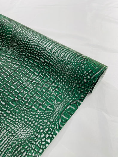 Hunter Green Two Tone Metallic Gator Fake Leather Upholstery, 3-D Crocodile Skin Texture Faux Leather PVC Vinyl/54" Wide