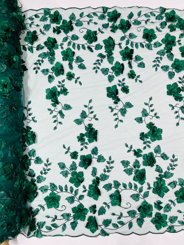 Hunter Green Double Scalloped Orquidia 3D Floral Design Embroider and Beaded With Pearls On a Mesh Lace-Prom-Dresses-Apparel-Fashion SoldByYard