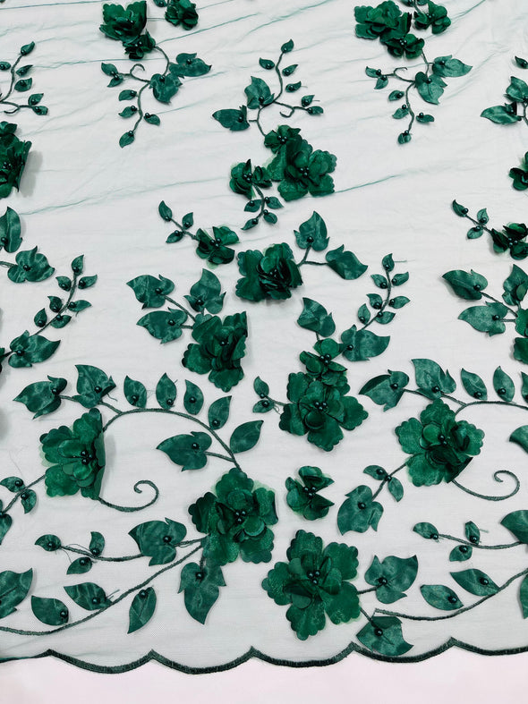Hunter Green Double Scalloped Orquidia 3D Floral Design Embroider and Beaded With Pearls On a Mesh Lace-Prom-Dresses-Apparel-Fashion SoldByYard