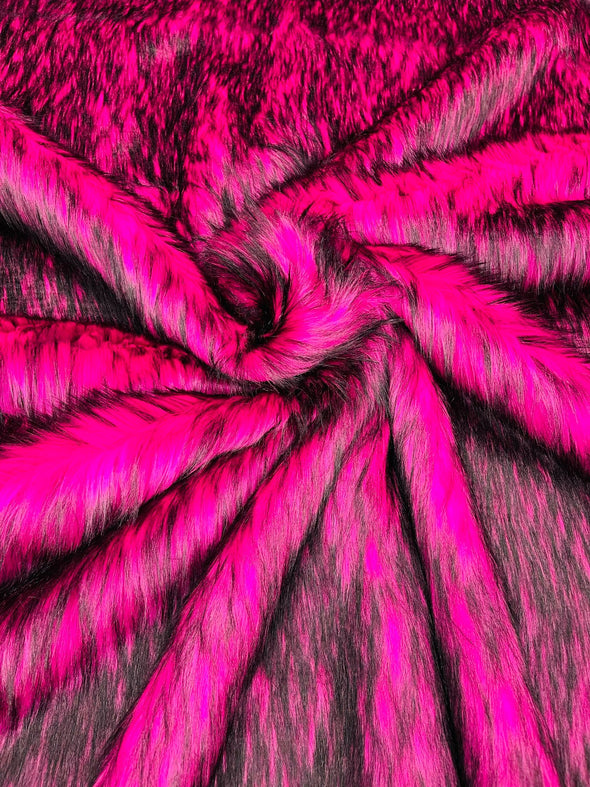 Hot Pink- Black Husky Faux Fur, 2 Tone Shaggy Faux Fur 60" Wide.