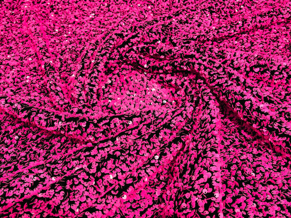 Hot Pink-Black 54" Stretch Velvet with Luxury Sequins All Over 5mm Shining Sequins 2-Way Stretch. Sold by the yard.