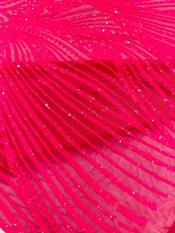 Hot Pink Iridescent Shiny Geometric Feather wing shiny sequin design on a 4 way stretch mesh Fabric-prom-sold by the yard.