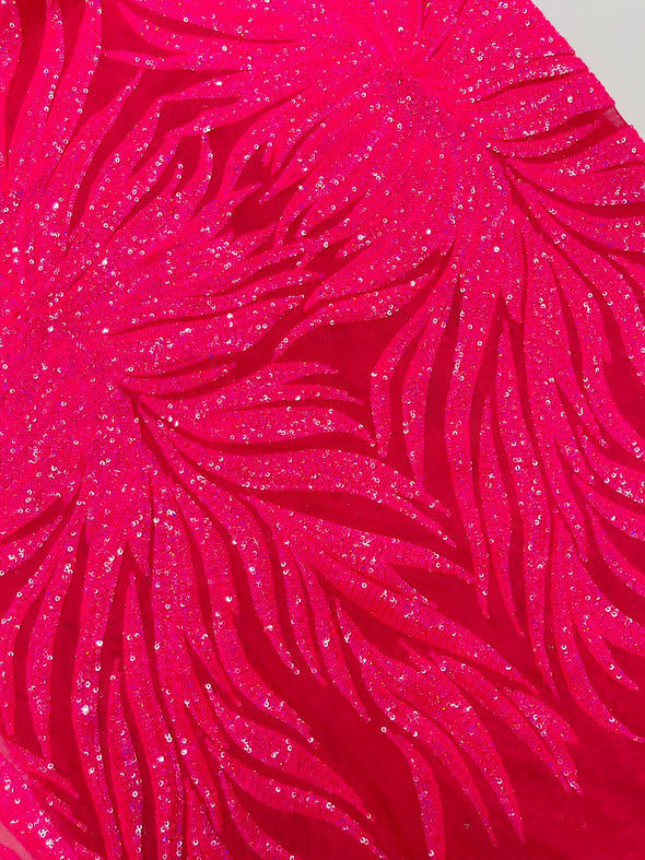 Hot Pink Iridescent Phoenix Feather Design with Sequins Embroider on Pink a 4 way Stretch Mesh Fabric- Sold by the yard.