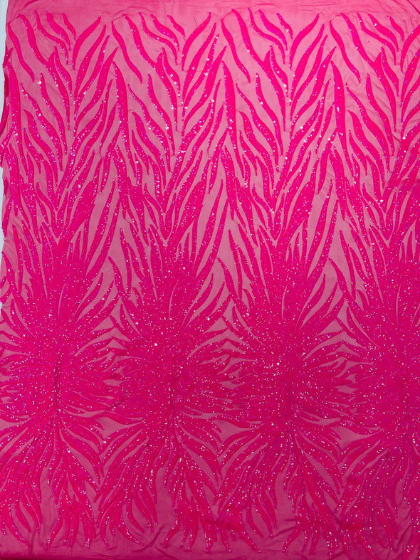 Hot Pink Iridescent Phoenix Feather Design with Sequins Embroider on Pink a 4 way Stretch Mesh Fabric- Sold by the yard.