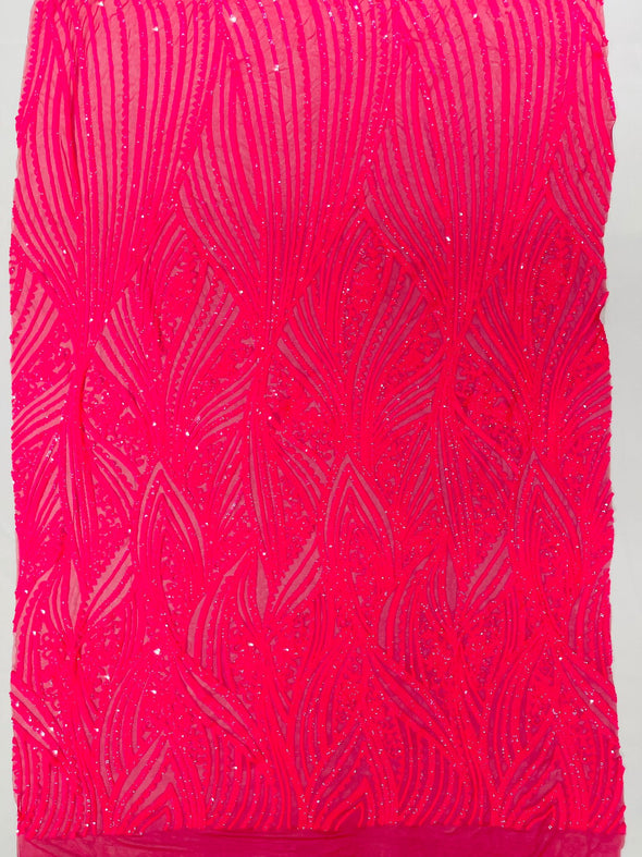 Hot Pink Iridescent Shiny Geometric Feather wing shiny sequin design on a 4 way stretch mesh Fabric-prom-sold by the yard.