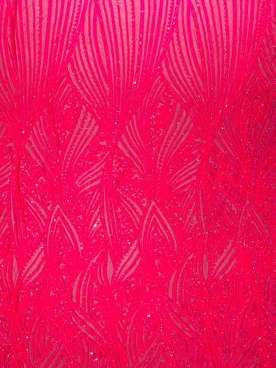 Hot Pink Iridescent Shiny Geometric Feather wing shiny sequin design on a 4 way stretch mesh Fabric-prom-sold by the yard.