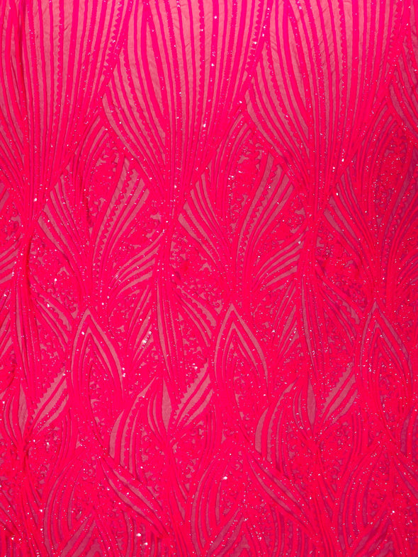 Hot Pink Iridescent Shiny Geometric Feather wing shiny sequin design on a 4 way stretch mesh Fabric-prom-sold by the yard.