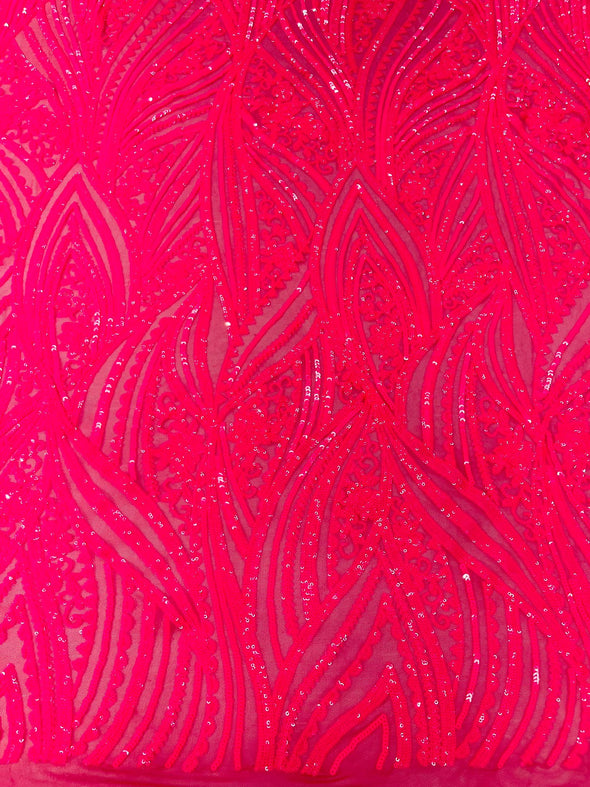 Hot Pink Iridescent Shiny Geometric Feather wing shiny sequin design on a 4 way stretch mesh Fabric-prom-sold by the yard.