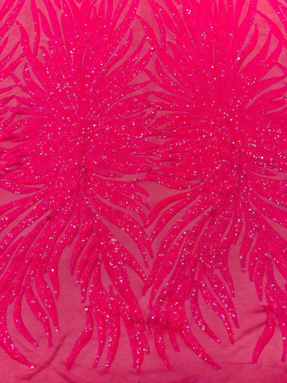 Hot Pink Iridescent Phoenix Feather Design with Sequins Embroider on Pink a 4 way Stretch Mesh Fabric- Sold by the yard.