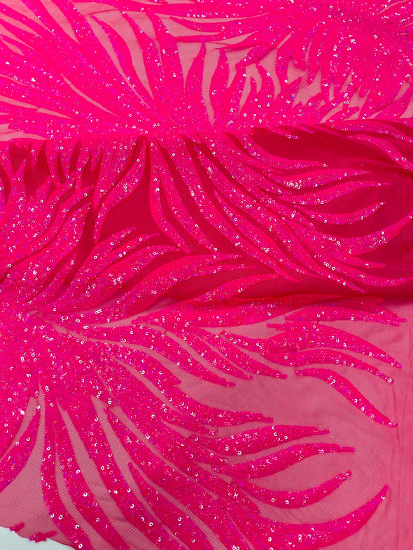 Hot Pink Iridescent Phoenix Feather Design with Sequins Embroider on Pink a 4 way Stretch Mesh Fabric- Sold by the yard.