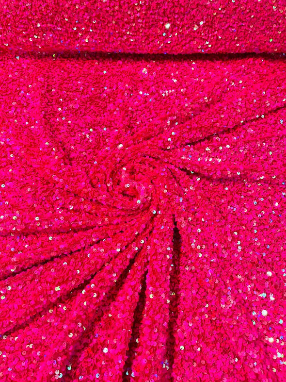 Hot Pink Iridescent 54" Stretch Velvet with Luxury Sequins All Over 5mm Shining Sequins 2-Way Stretch. Sold by the yard.