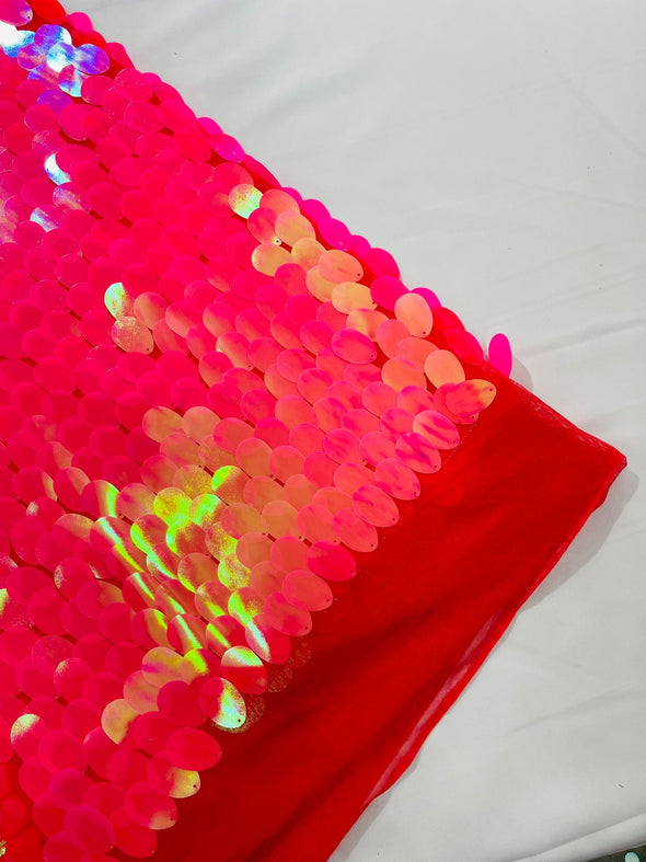 Hot Pink Iridescent Jumbo Sequins Oval Sequin Paillette/Tear Drop Mermaid Big Sequins Fabric On Pink Mesh/ 54 Inches Wide