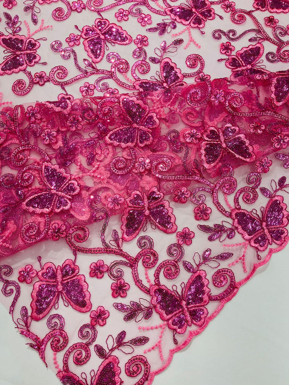 Hot Pink Metallic Corded Lace/ Butterfly Design Embroidered With Sequin on a Mesh Lace Fabric