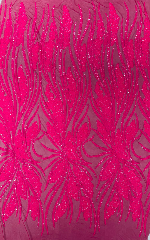 Hot Pink Feather damask shiny sequin design on a 4 way stretch mesh Fabric-prom-Sold by the yard