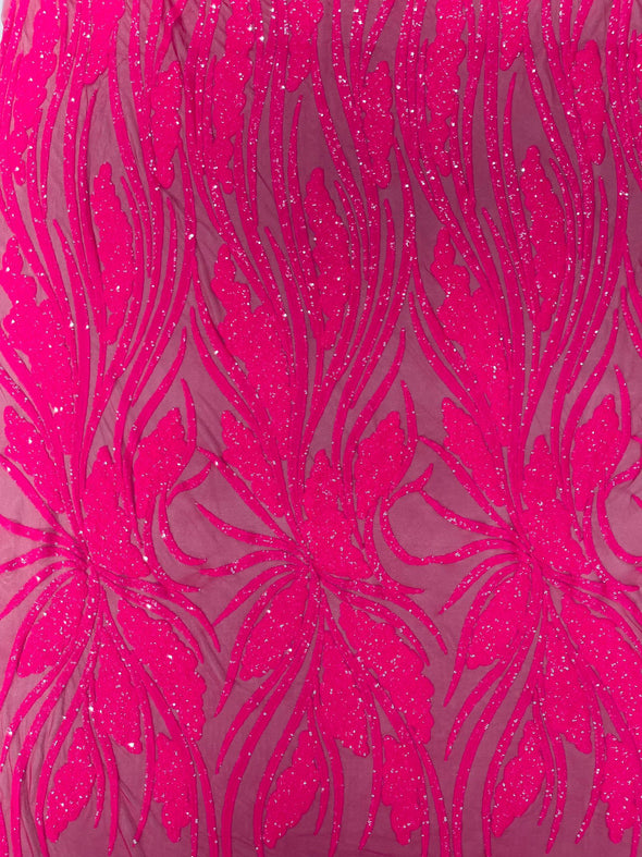 Hot Pink Feather damask shiny sequin design on a 4 way stretch mesh Fabric-prom-Sold by the yard