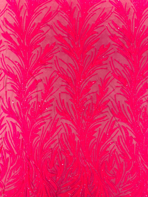 Hot Pink Feather damask shiny sequin design on a 4 way stretch mesh Fabric-prom-Sold by the yard